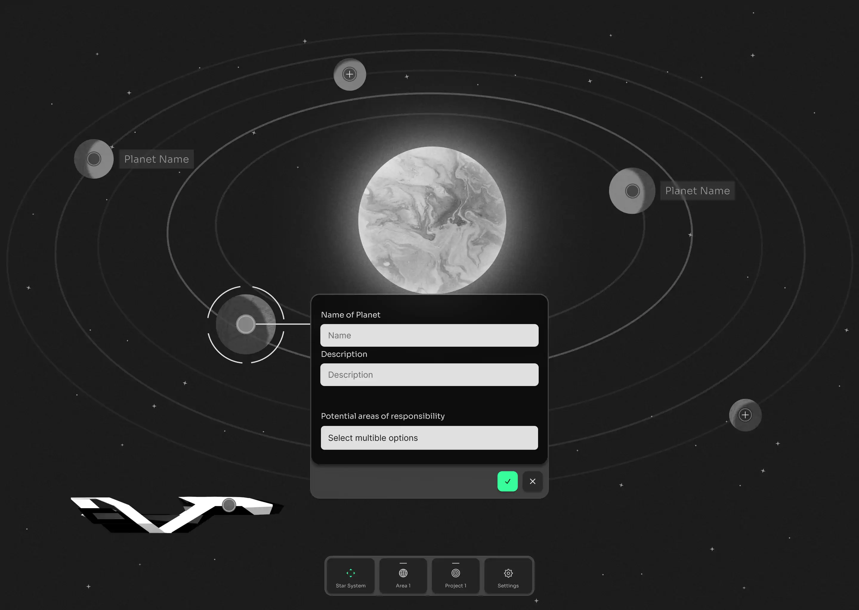 A minimalist solar system in dark design with a white sun at the center. Gray planets of varying sizes orbit on elliptical paths, each connected to a Name label. A plus symbol on one planet allows adding new planets. The design stands out with fine lines and a subtle glow effect around the sun.